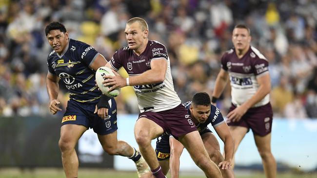 TOWNSVILLE, AUSTRALIA – SEPTEMBER 04: Tom Trbojevic of the Sea Eagles makes a break during the round 25 NRL match between the North Queensland Cowboys and the Manly Sea Eagles at QCB Stadium, on September 04, 2021, in Townsville, Australia. (Photo by Ian Hitchcock/Getty Images)