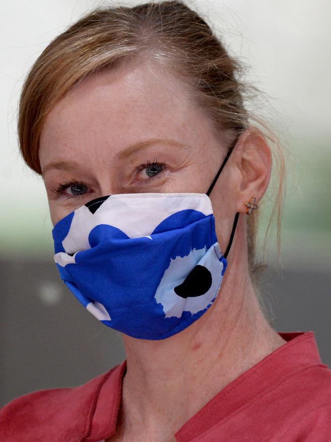 ABC journalist Leigh Sales is seen at a press conference held by Victorian Premier Daniel Andrews. Picture: NCA NewsWire / Andrew Henshaw