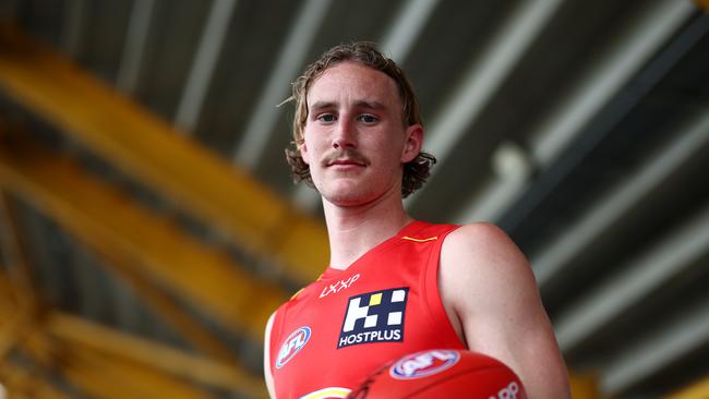 GOLD COAST, AUSTRALIA - NOVEMBER 29: Sam Clohesy poses during a Gold Coast Suns AFL media opportunity at Heritage Bank Stadium on November 29, 2023 in Gold Coast, Australia. (Photo by Chris Hyde/Getty Images)