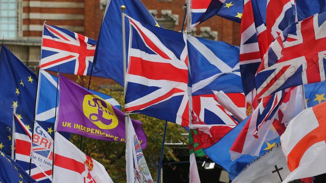 EU and Union flags fly outside the Houses of Parliament. Picture: AFP.