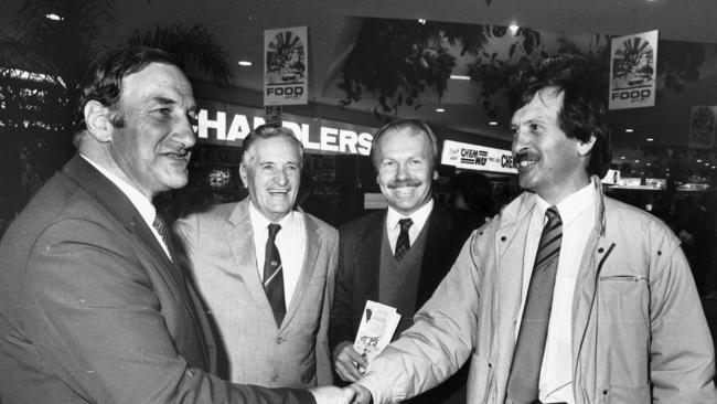 1987 — Southport park has been around since the 1980s and was the site of political campaigning at the 1987 Southport by-election — Nationals candidate Mick Veivers with Minister Bill Gunn, and Labor’s Peter Beattie and Robert Lee.