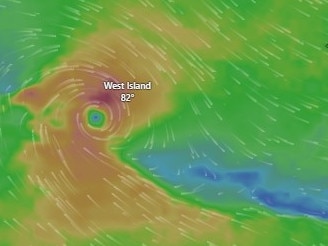 Tropical Low 25U was sitting west southwest of the Cocos Islands, which are a cluster of islands located about 2700km northwest of Perth. Bureau of Meteorology senior meteorologist Miriam Bradbury said the system was likely to develop into a tropical cyclone intensity on Tuesday and would be named Tropical Cyclone Courtney. Picture: Windy.com