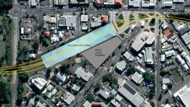 A plan showing the Beenleigh train station relocated to the town square in front of the Beenleigh courthouse.