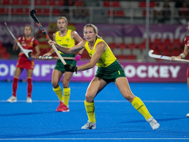 Mackay-born Hockeyroo Claire Colwill during the quarter-final match between Argentina and England at the FIH Hockey Women's World Cup at Terrassa Olympic Stadium on July 13, 2022.