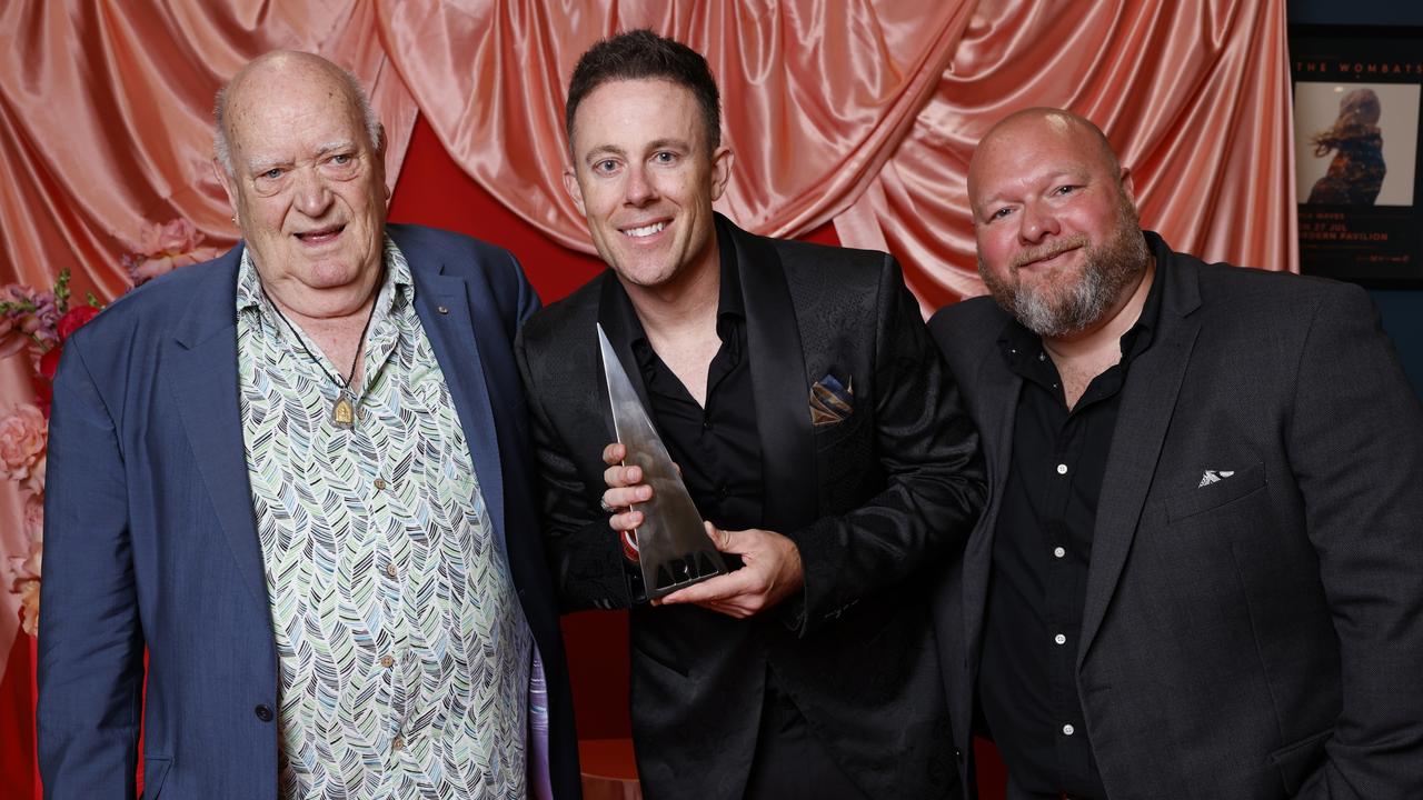 Casey Barnes with his powerful backers Michael Chugg and Dan Biddle at last year’ ARIA Awards. Picture: Getty.