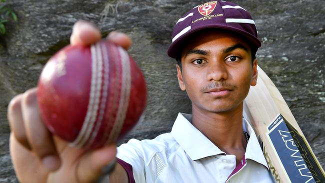 St Peters Lutheran College bowler Ashish Neredimulli AIC First XI cricket between St Peters Lutheran College and St Laurence's College. Saturday February 11, 2023. Picture, John Gass