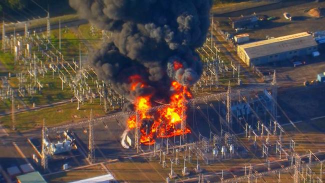 The fire at a power station. Picture: Nine News