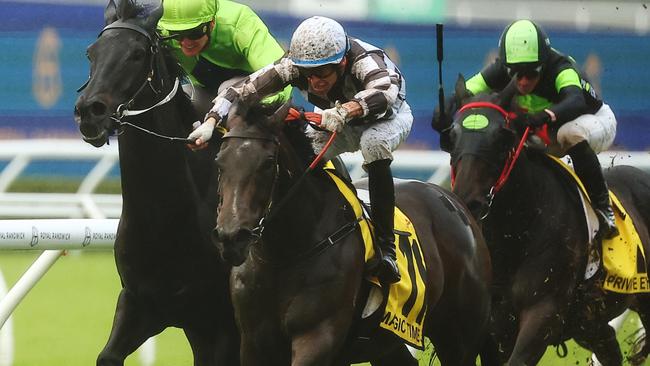 SYDNEY, AUSTRALIA - APRIL 20: Michael Dee riding Magic Time wins Race 8 Schweppes All Aged Stakes during Sydney Racing at Royal Randwick Racecourse on April 20, 2024 in Sydney, Australia. (Photo by Jeremy Ng/Getty Images)