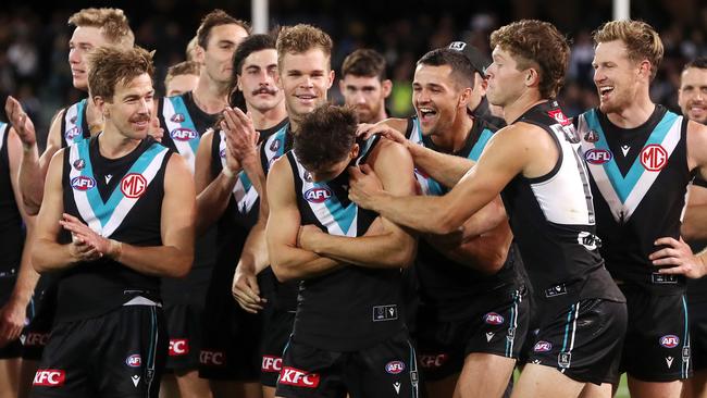 Connor Rozee won the Badcoe Medal against the Eagles. Picture: Sarah Reed/AFL Photos