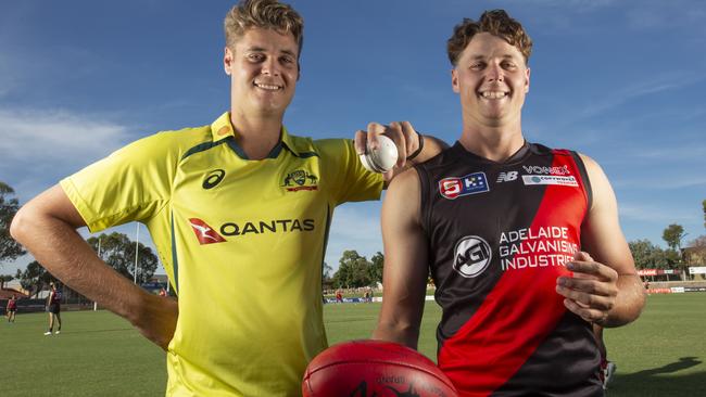 New West Adelaide captain Isaac Johnson (right) with his brother, Australian fast bowler Spencer Johnson, at Richmond Oval. Picture: Brett Hartwig