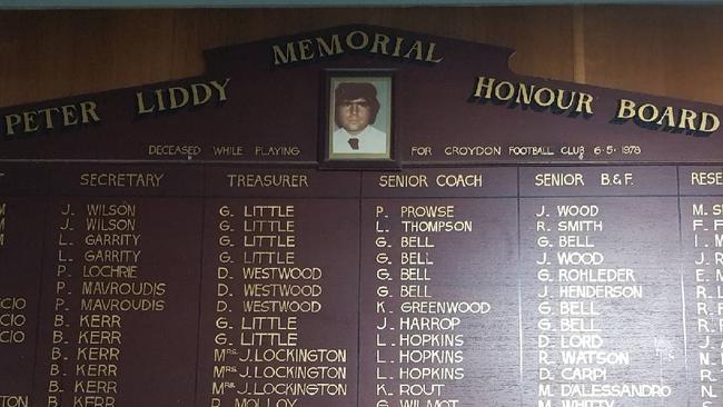 The Croydon Football Club honourboard is named after Peter Liddy. Picture: Supplied