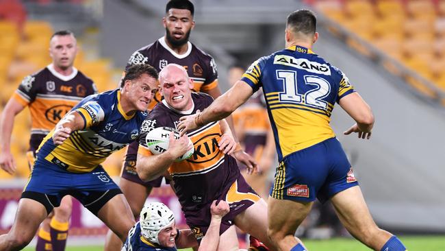 Matt Lodge and Brisbane’s big forwards have struggled to keep pace under the new rules. Picture: Bradley Kanaris/Getty Images)