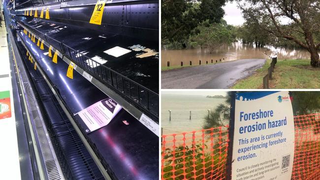 Some of the fallout from Cyclone Alfred in Logan and Redland, clockwise from left: bare shelves at Woolworths in Cornubia; Logan’s flooded Skinners Park on the Logan River and the eroded foreshore at Redland Bay. Pictures: JUDITH KERR