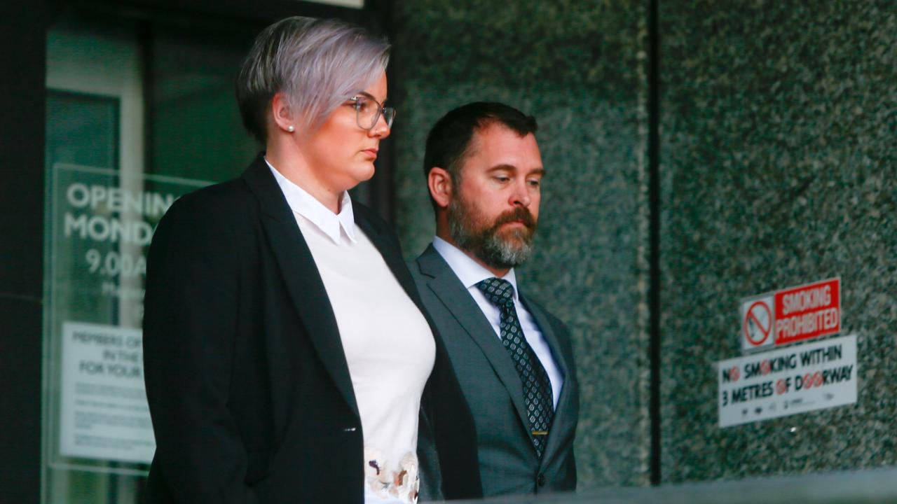 Former Tasmania Police constable Aaron Tasman Bonner with his wife in Launceston after his first court appearance Picture: Patrick Gee