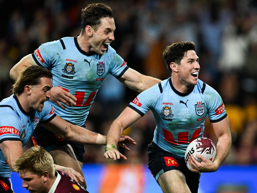 Mitchell Moses celebrates after sealing victory for the Blues with a try. Picture: NRL Photos