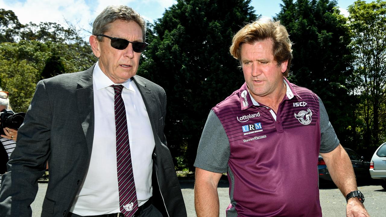 Lyall Gorman Group CEO of the Manly Sea Eagles with newly appointed Manly Sea Eagles Coach Des Hasler. (AAP Image/Brendan Esposito)