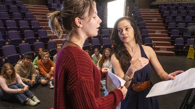 The voice of Bluey's mum Chilli, Mel Zanetti running an acting class at UniSQ pictured with Katie Knowles, Bachelor of Theatre acting major student. Wednesday, April 12, 2023. Picture: Nev Madsen.