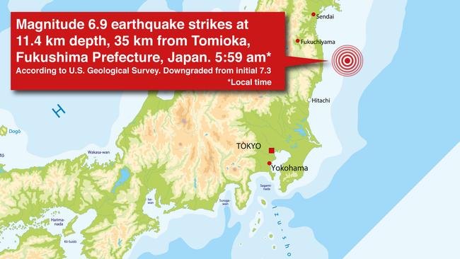 A magnitude 6.9 earthquake struck at 11.4km depth, 35km from Tomioka, Fukushima Prefecture, Japan. 5:59am local time.