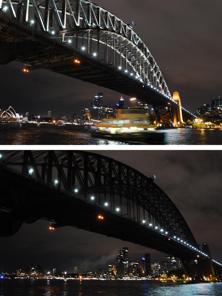 Sydney Harbour Bridge, Sydney Opera House and the city skyline before and during Earth Hour 2017. Picture: AAP