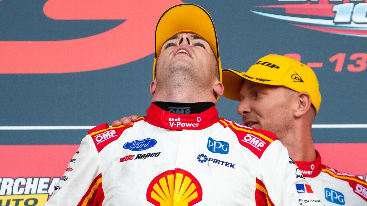 BATHURST, AUSTRALIA — OCTOBER 13: Scott McLaughlin driver of the #17 Shell V-Power Racing Team Ford Mustang and Alex Premat driver of the #17 Shell V-Power Racing Team Ford Mustang celebrate after winning the Bathurst 1000 on October 13, 2019 in Bathurst, Australia. (Photo by Daniel Kalisz/Getty Images)