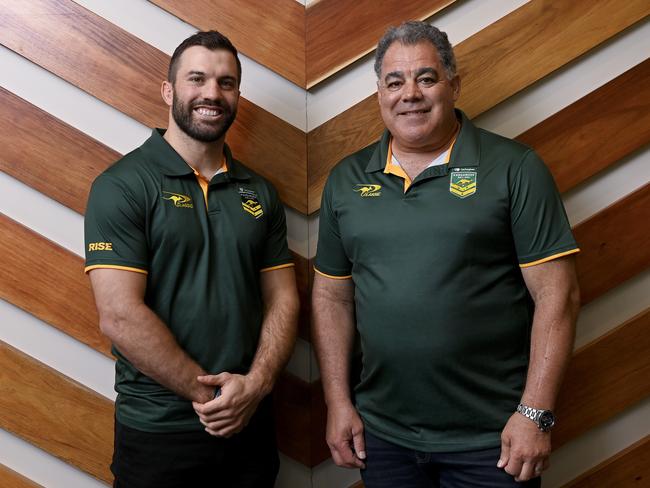 Kangaroos captain James Tedesco with coach Mal Meninga.