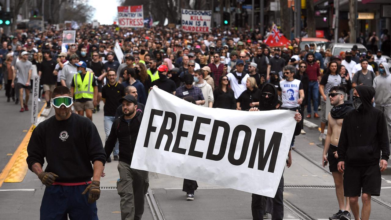 Anti-lockdown protesters in Melbourne on August 21, 2021. Picture: William West/AFP