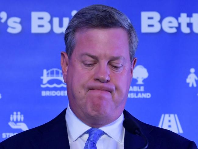 Queensland Opposition Leader Tim Nicholls speaks at the LNP Election function during the night of the 2017 Queensland Election, in Brisbane, Saturday, November 25, 2017. Nicholls joined LNP supporters to watch the election results. (AAP Image/Tracey Nearmy) NO ARCHIVING