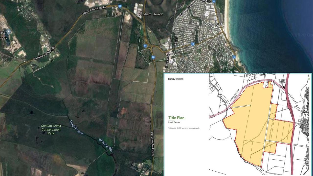An aerial view of the land bordering Yandina-Coolum Rd and the Sunshine Motorway, where Consolidated Properties Group and World Surf League propose to build a Kelly Slater Surf Ranch and associated tourism, commercial and residential developments. INSET: The title plan for the site, owned by Consolidated Properties Group.