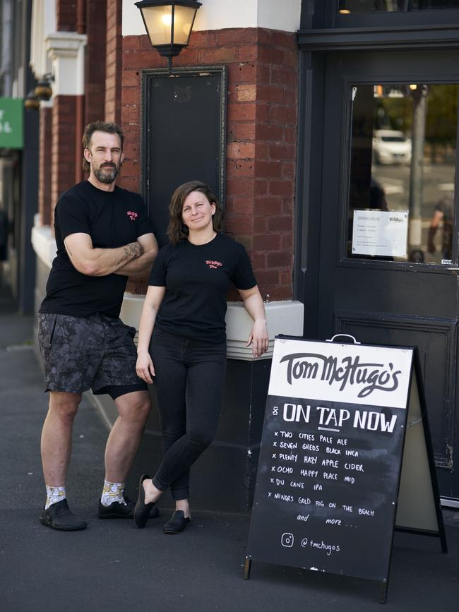 Tom Westcott and Whitney Ball, of Tom McHugo's in Hobart, say their landlord has informed them that their lease will not be renewed beyond June 2024. Picture: Luke Burgess