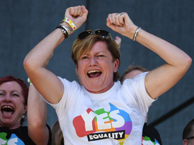 Christine Forster, the sister of former prime minister Tony Abbott, celebrates as the result is announced at Prince Alfred Park in Surry Hills. Picture: David Moir