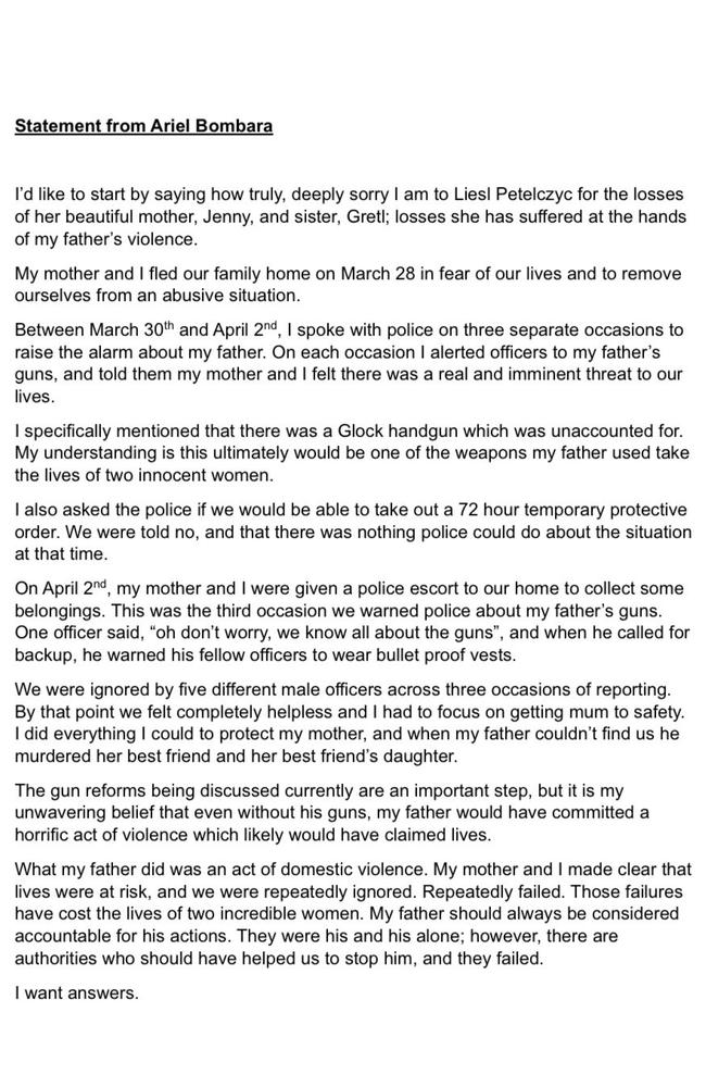 Ariel Bombara's full statement. Picture: Supplied