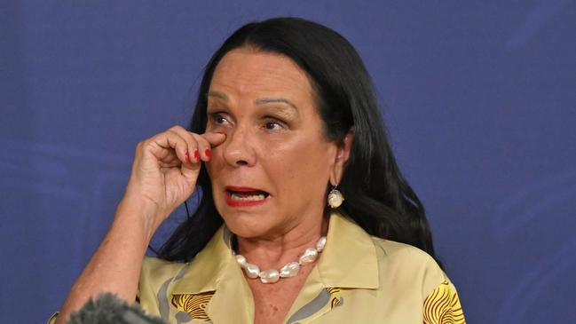 Indigenous Australians Minister Linda Burney tears up during a news conference on Thursday to announce her impending retirement from parliament. Picture: AAP