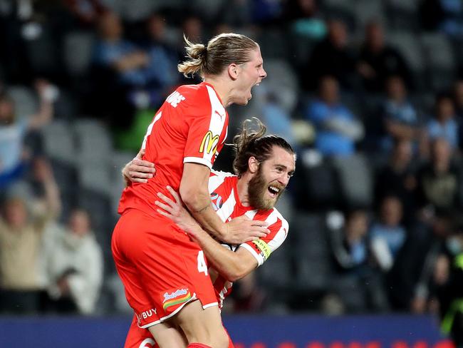 Harrison Delbridge and Josh Brillante celebrate before VAR cancelled their first half goal. Picture. Phil Hillyard