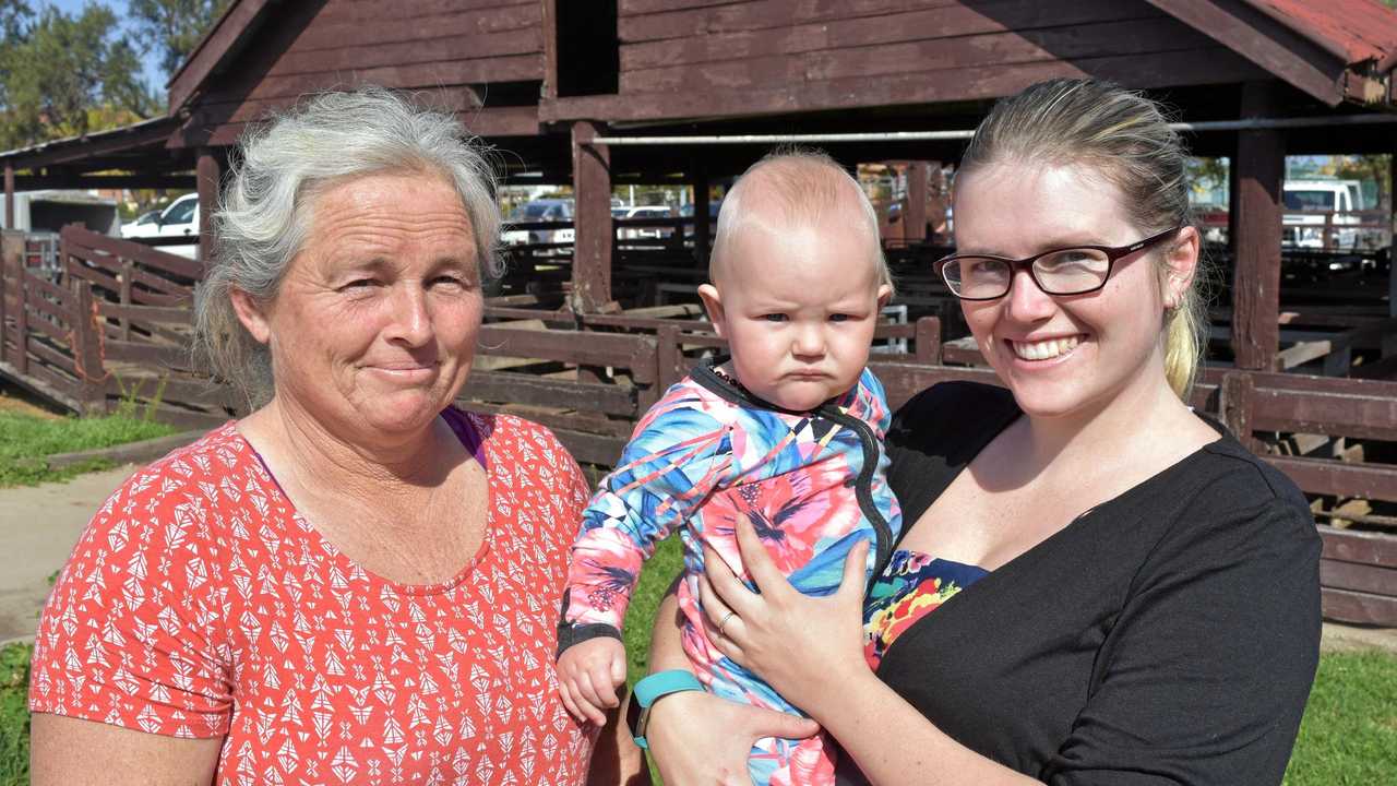 SALE DAY: Former dairy farmer Sandra Kenman was enjoying time with her daughter Lara and grandson Vegas at yesterday's pig and calf sales. Picture: Nicole Zurcas