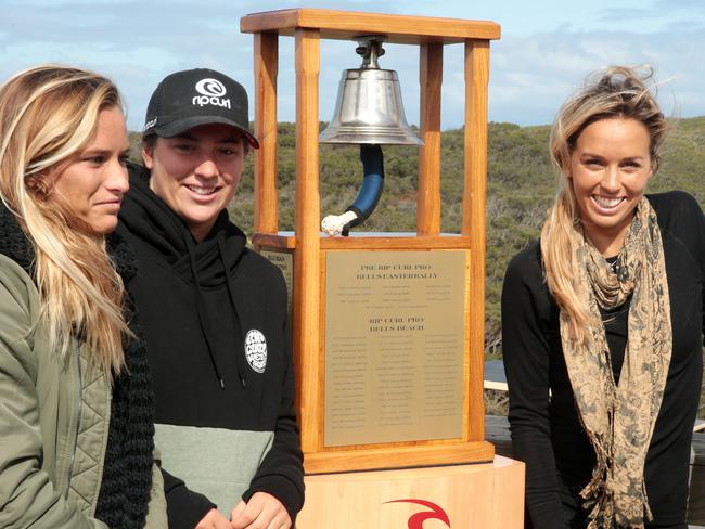 Courtney Conlogue, Tyler Wright and Sally Fitzgibbon together at Bells Beach.