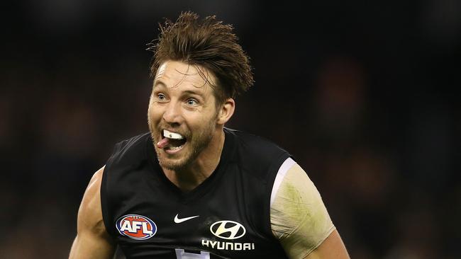 Dale Thomas celebrates a goal last season for Carlton. Picture: Michael Klein