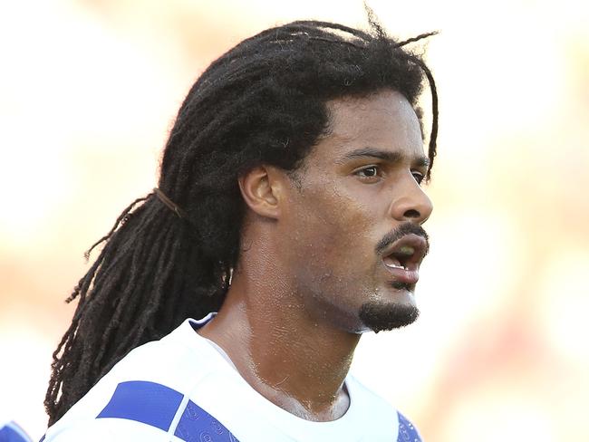 SYDNEY, AUSTRALIA - APRIL 14: Jayden Okunbor of the Bulldogs looks dejected after a Dragons try during the round five NRL match between the St George Illawarra Dragons and the Canterbury Bulldogs at WIN Jubilee Stadium on April 14, 2019 in Sydney, Australia. (Photo by Mark Kolbe/Getty Images)