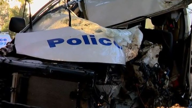 Moreton Bay man arrested after allegeldy crashing police car. Picture – 9News Queensland.