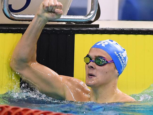 ADELAIDE, AUSTRALIA - JUNE 13: Isaac Cooper celebrates his time in the  Men's 100 LC Metre Backstroke heat during the Australian National Olympic Swimming Trials at SA Aquatic & Leisure Centre on June 13, 2021 in Adelaide, Australia. (Photo by Mark Brake/Getty Images)