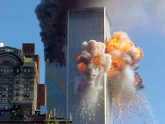 A ball of flame explodes from New York's World Trade Centre as the hijacked aircraft crashed through the building.