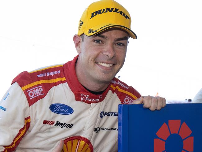 TAILEM BEND, AUSTRALIA - SEPTEMBER 20: In this handout photo provided by Edge Photographics, Scott McLaughlin driver of the #17 Shell V-Power Racing Team Ford Mustang celebrates winning race 27 of the 2020 Supercars Championship on September 20, 2020 in Tailem Bend, Australia.    (Photo by Handout/Mark Horsburgh/Edge Photographics via Getty Images )