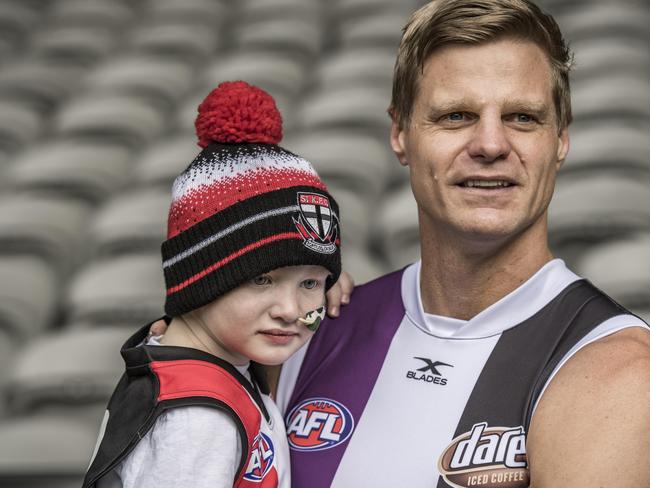 Nick Riewoldt with four-year-old Elliott Vanderland, who is battling aplastic anaemia. Picture: Jason Edwards