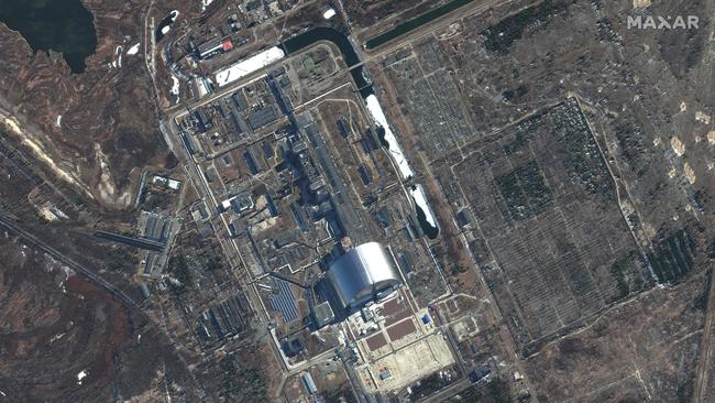 This Maxar satellite image taken and released on March 10, 2022 shows an overview of the Chernobyl Nuclear Power Plant in Pripyat, Ukraine.