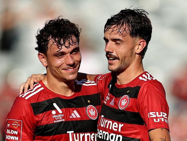 Dean Pelekanos celebrates scoring a goal for the Wanderers. Picture: Getty Images