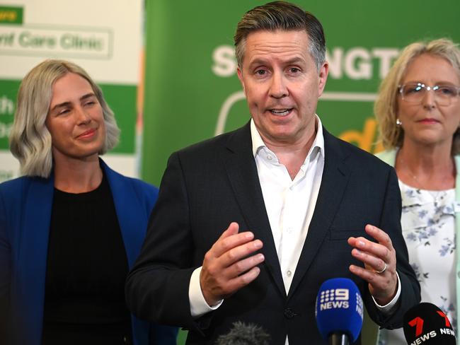 BRISBANE, AUSTRALIA - NewsWire Photos MARCH 3, 2025:  Minister Mark Butler talks about Medicare Urgent Care Clinic's for QueenslandMinister Mark Butler in Brisbane with Labor Candidate for Brisbane, Madonna Jarrett, and Labor Candidate for Griffith, Renee Coffey.Picture: NewsWire / John Gass