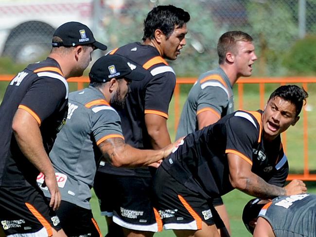 West's Tigers players go in hard during an open training session on Thursday morning ahead of their trial match against the Parramatta Eels at ANZAC Oval in Alice Springs on Friday...Picture: PHIL WILLIAMS