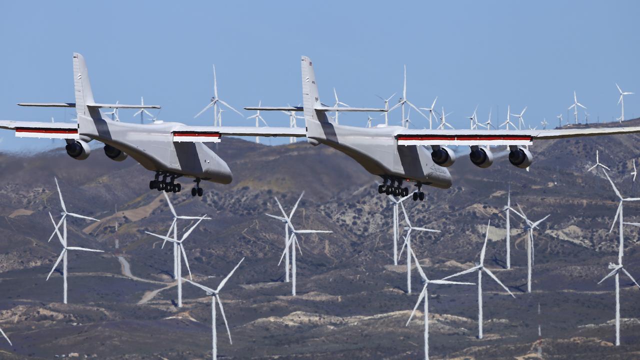 Stratolaunch, a giant six-engine aircraft with the world’s longest wingspan, makes its historic first flight from the Mojave Air and Space Port in Mojave, California. Picture: AP