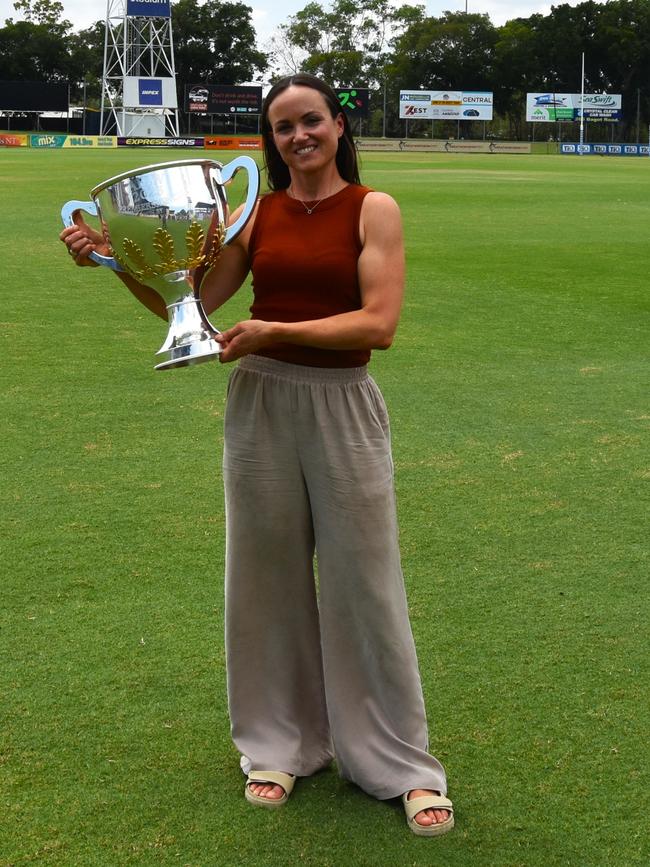 AFLW legend Daisy Pearce holding the 2023 NAB AFLW Premiership Trophy at TIO Stadium, Darwin. Picture: Darcy Jennings.