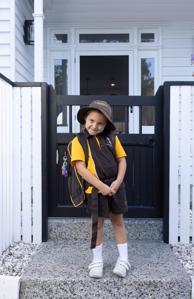 Ava Pearce excitedly heading off for school. Picture: David Kelly