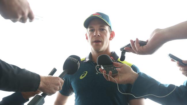 WORCESTER, ENGLAND - AUGUST 09: Tim Paine of Australia talks to media after the final day of the Tour match between Worcester and Australia at Blackfinch New Road on August 09, 2019 in Worcester, England. (Photo by Matthew Lewis/Getty Images)